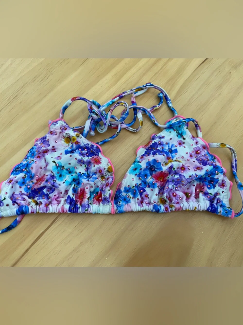 Luli Fama White Floral Print Ruffle Triangle Bikini with Pink Trim